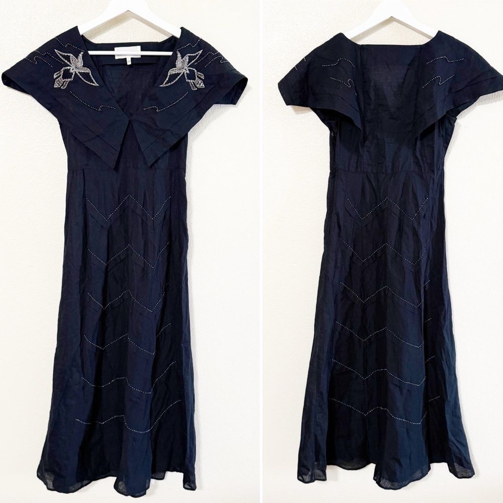 THE GREAT Beaded Partridge Black/Navy Blue Embellished Bird Midi Dress Size XS - Picture 7 of 14